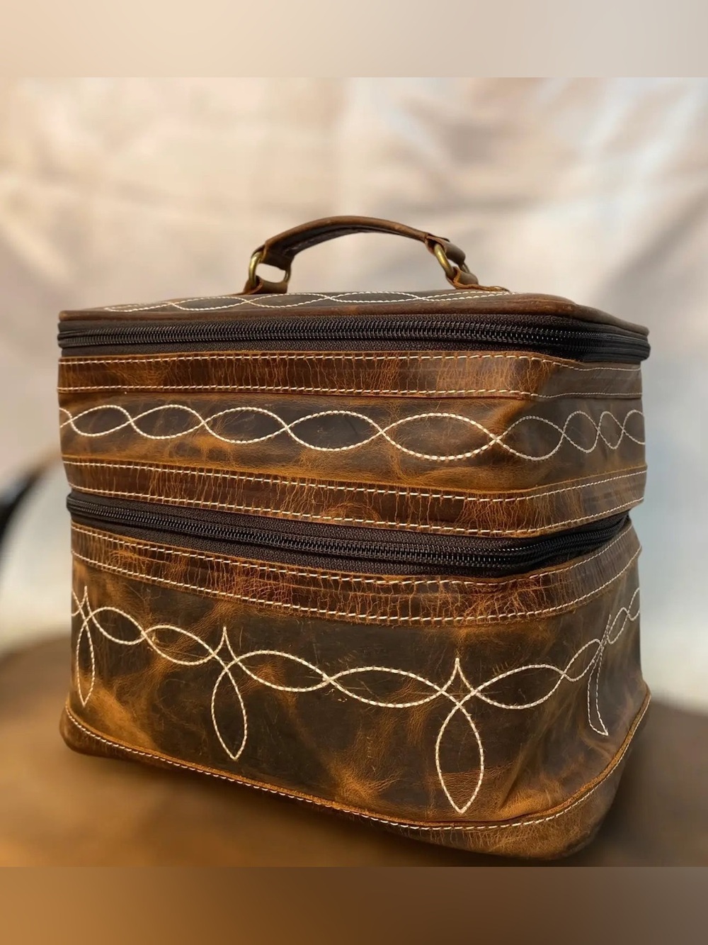 Brown with Bootstitch Pattern Leather Travel Toiletry Bag with Top Handle